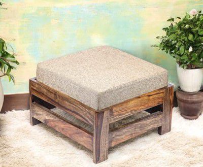 Ikiriya 100% Solid Rosewood Footstool with Cushion - Teak Finish ; Beige Jute