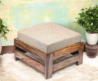 Ikiriya 100% Solid Rosewood Footstool with Cushion - Teak Finish ; Beige Jute
