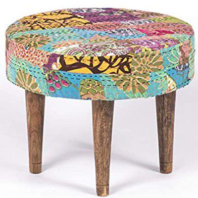 Ikiriya Solid Wood Multicolor Kantha Cushioned Stool - Patchwork Handstitch Kantha; Teak Finish Legs