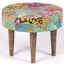 Ikiriya Solid Wood Multicolor Kantha Cushioned Stool - Patchwork Handstitch Kantha; Teak Finish Legs...