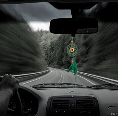 ILU® Wall Hanging Car Hanging, Car Mirror Decoration Handmade Beaded Circular Net with Feather Decoration Oranaments Size 5.8cm Diameter Green
