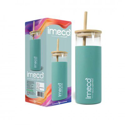 IMECO ECO Sipper Glass Bottle with Bamboo Lid & Straw 450ml | Borosilicate Glass Tumbler 