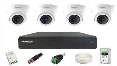 Impact by Honeywell 2 MP CCTV KIT with 4 Channel DVR I 4 Dome Cameras I 1 TB Hard Disk & accesories I Made in India I White