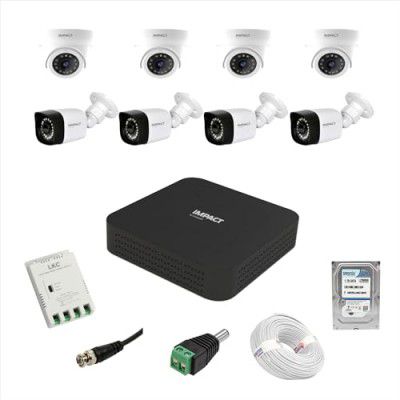 IMPACT 2 MP Wired CCTV KIT with 8 Channel DVR I 4 Dome Cameras + 4 Bullet Cameras I 1 TB Hard Disk & Accessories (I-MKIT8CH-4_HI)