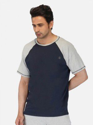 IMPERATIVE Men Navy Blue & Grey Contrast Raglan Sleeves T-shirt