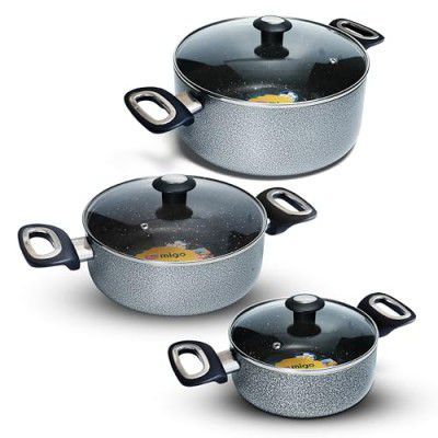 Impex Cook and Serve Casserole Set 6 Pcs Nonstick Granite Cookware Set with Glass Lid | Sauce Pans Combo | Aluminium Casserole Set 4.7L, 3L and 2L