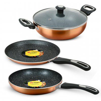 Impex Migo Non Stick Cookwareset 4 pc | Induction Cookware Set 3 mm Thickness of Tawa Pan Fry Pan and Kadai Pan with Lid 