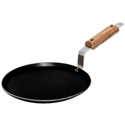 IMPHI 30 Cm Diameter Multipurpose Cast Iron Dosa Tawa Non Stick with Riveted Sturdy Wooden Handle | High Temperature Resistant Exterior Coating | (Induction and Gas Stove Compatible) - Black