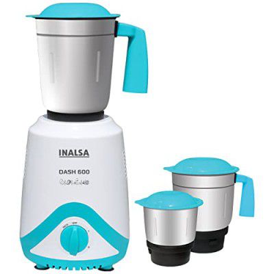 INALSA DASH-600 Mixer Grinder With Copper Motor|5 Year Warranty On Motor-600 Watt with 3 Jars|Shock Proof Body|3 Speed Setting with Pulse|Dry,Wet Grinding|Overload Protection|ISI Certified|1.2litres