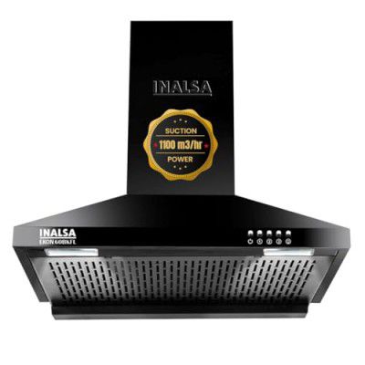 INALSA EKON 60cm 1100 m³/hr Pyramid Kitchen Chimney With Elegant Look|Push Button Control|Efficient Dual LED Lamps & Filterless|5 Year Warranty on Motor (Black)
