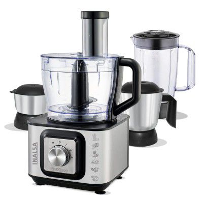 Inalsa INOX 1000 1000W Food Processor with Blender Jar,304 Grade SS Dry Grinding,Chutney Jar,12 Accessories,Centrifugal & Citrus Juicer,(Black/Silver), Standard