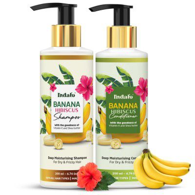 Indalo Banana Hibiscus Moisturizing Shampoo (200ml) and Conditioner (200ml) Combo with Vitamin E and Shea Butter for Dry & Frizzy Hair | Paraben and Sulphate Free | UV Protection For Men and Women