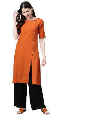 Indi lite Women Orange Solid Crepe Three-Quarter Sleeves Front Slit Kurta with Gold show Buttons