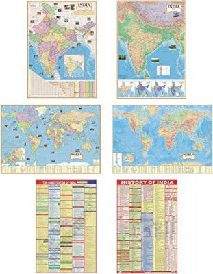 India & World Map with Indian Constitution and Indian History Chart | Set Of 6