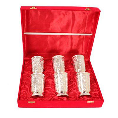 Indian Art Villa Handmade Silver Plated Designer Glass Serving Goblet Cup (Silver, 200 ml Each) - Set of 6