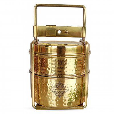 INDIAN ART VILLA Pure Brass with Inside Tin Lining 2 Containers Lunch/Tiffin Box with Hammered Design, for Office, School & Travelling, Size-8x5 Inches