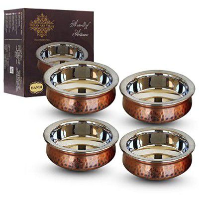 INDIAN ART VILLA Steel Copper Serving Antique Dark Tone Handi Bowl, Serveware & Tableware, Home Restaurant, Volume-300 ML, Pack of 4