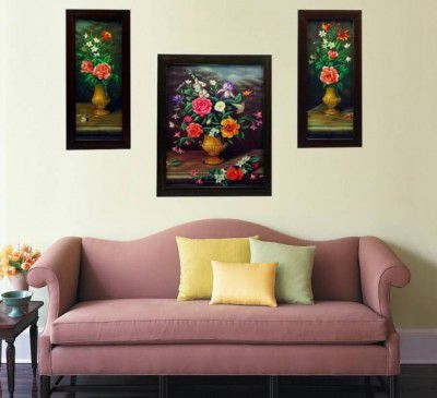 Indianara Flowers3 Ink 11 inch x 9 inch Painting  (With Frame, Pack of 3)
