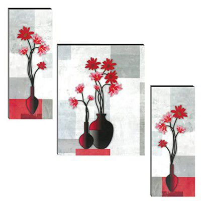 Indianara Set of 3 Flowers in Vases MDF Art Painting (3256FL) without glass 4.5 X 12, 9 X 12, 4.5 X 12 INCH