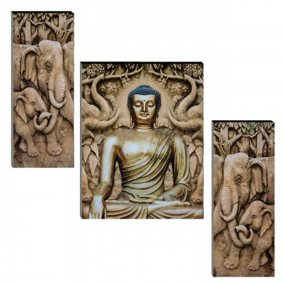 Indianara Set of 3 Gautam Buddha in Meditation MDF Art Painting (3493 FLa) without glass 4.5 X 12, 9 X 12, 4.5 X 12 INCH