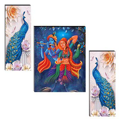 Indianara Set of 3 Radha Krishna with Peacocks MDF Art Painting (3867FL) without glass 4.5 X 12, 9 X 12, 4.5 X 12 INCH
