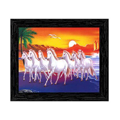 Indianara Vastu Lucky Seven Running Horses with Rising Sun Framed wall Painting with Table Top 2205TTBK (8 ix 6 inch) -WITH FRAME & GLASS