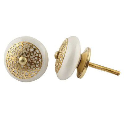 IndianShelf Handcrafted Vocalforlocal Ceramic Strewn Flat Dresser Drawer Knobs Cabinet Wardrobe Door Kitchen Pulls Handles (3.81 cm, Cream, 2 Piece)