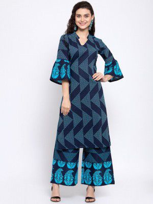 Indibelle Women Blue Geometric Printed Bell Sleeves Kurta