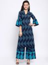Indibelle Women Blue Geometric Printed Bell Sleeves Kurta...