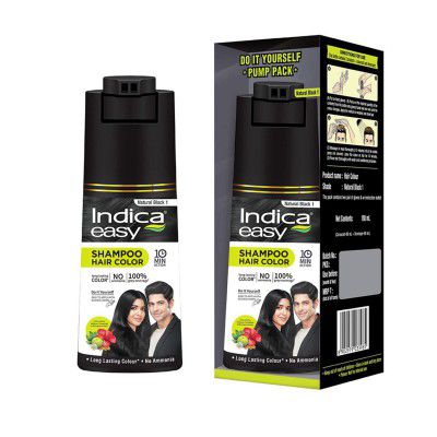 Indica Easy Do-It-Yourself Hair Color Shampoo Pump Pack with 5 Herbal Extracts, 180 ML - Natural Black Colour