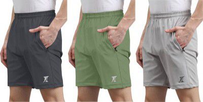 INDICLUB Pack of 3 Solid Men Dark Grey, Light Green, Silver Casual Shorts