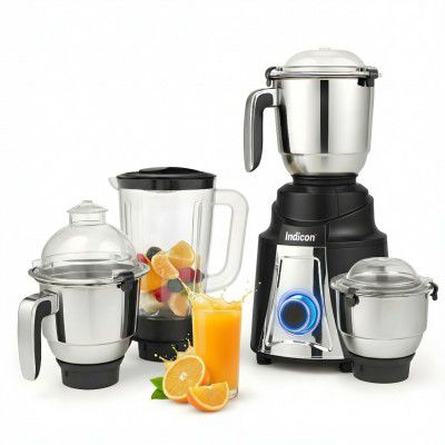 Indicon Fiesta 1200W Mixer Grinder with 4 Jars (3 Stainless Steel Jar + 1 Juicer Jar), 3 Speed Control, Mixing & Juicing, Black (Black)