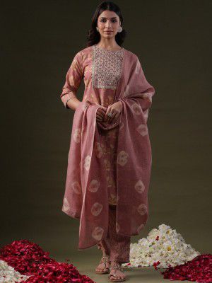 Indo Era Pink Floral Printed Sequinned Pure Cotton Kurta With Trousers & Dupatta