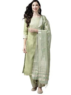 INDO ERA Straight Cotton Blend Kurta Palazzo With Dupatta Set for Women