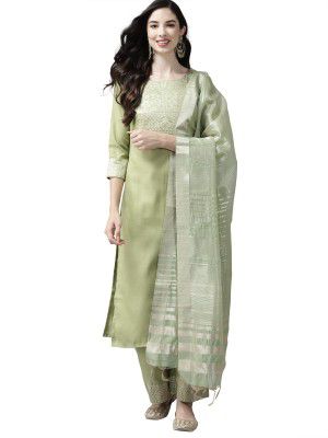 INDO ERA Women's Cotton Blend Solid Straight Kurta Palazzo With Dupatta Set