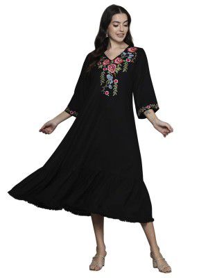 INDO ERA Women's Embroidered A-Line Ethnic Midi Dress