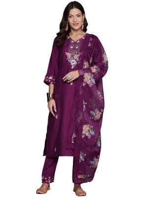 INDO ERA Women's Embroidered Silk Blend Calf Length Straight Kurta With Pant & Dupatta Set (KH9SG7482)