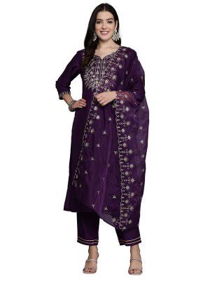 INDO ERA Women's Embroidered Straight Kurta & Pant With Dupatta Set (KH9SG7797)