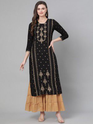 Indo Era Women Black & Golden Foil Printed Straight Liva Kurta