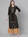 Indo Era Women Black & Golden Foil Printed Straight Liva Kurta...