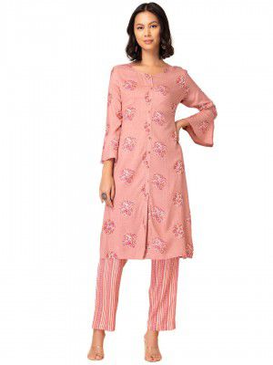 Indya Women Light Brown Boota Foil Print Rayon Kurta And Pants (Set of 2)