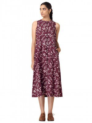 Indya Women's Cotton Maroon Leaf Pleated A-Line Dress Midi