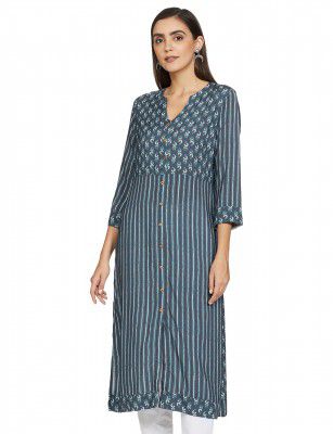 Indya Women's Teal Kurta Floral Striped Buttoned Straight