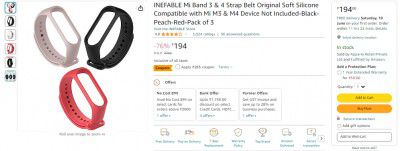 INEFABLE Mi Band 3 & 4 Strap Belt Original Soft Silicone Compatible with Mi M3 & M4 Device Not Included-Black-Peach-Red-Pack of 3