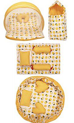 Infantbond Combo of Baby Nest | Bed with Net | Carry Bag | 4 Pcs Bedding Set(0-6 Months, Lemon Yellow Nest Set, Baby Size, Cotton)