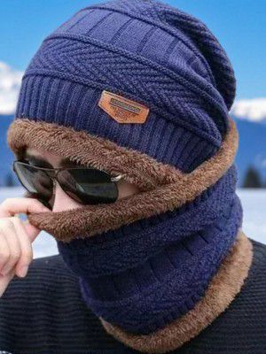 InfispaceMen Colourblocked Winter Woolen Knitted Beanie Cap with Neck Warmer