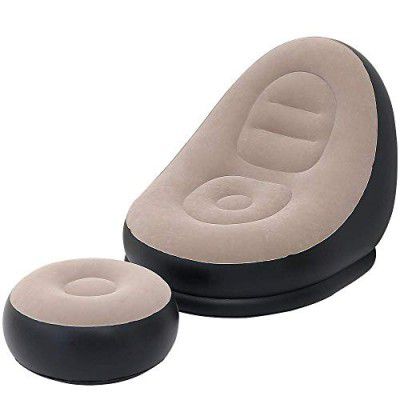 Inflatable Leisure Sofa Chair and Footstool Outdoor Folding Lounger Sofa Flocking Lazy Couch (Khaki)