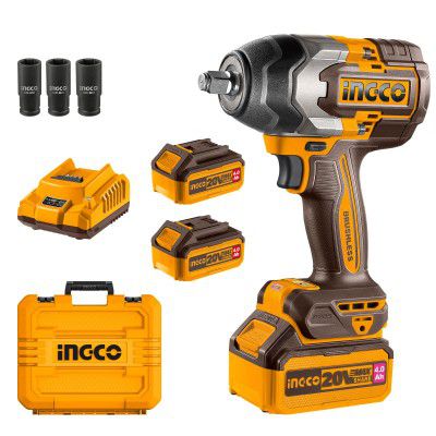 Ingco Cordless Impact Wrench 1/2 Inch, Brushless Motor, Nut-Busting Torque 1000Nm, 20V Battery Impact Gun with 2 PCS 4.0 Ah Battery Packs and Charger