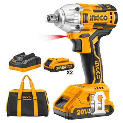 Ingco Impact Wrench, CIWLI2001 Lithium-Ion Impact Wrench, 20v Cordless Impact Wrench LED, 3300bpm | 300NM Max Torque, with 2pcs Batteries & Charger