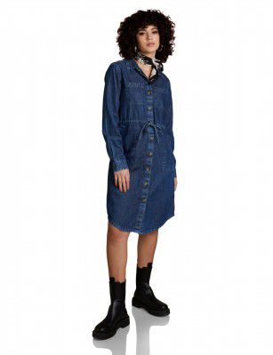 INKAST Women's Denim One Piece Knee-Length Shirt Dress (with Self Fabric Belt)